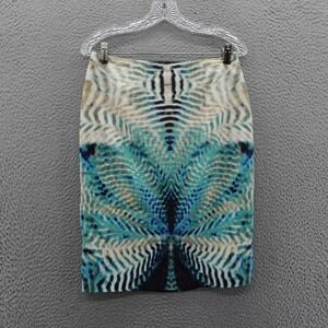 Karen Millen Abstract Print Pencil Skirt Size 8 Beige Blue Womens Career Classic
